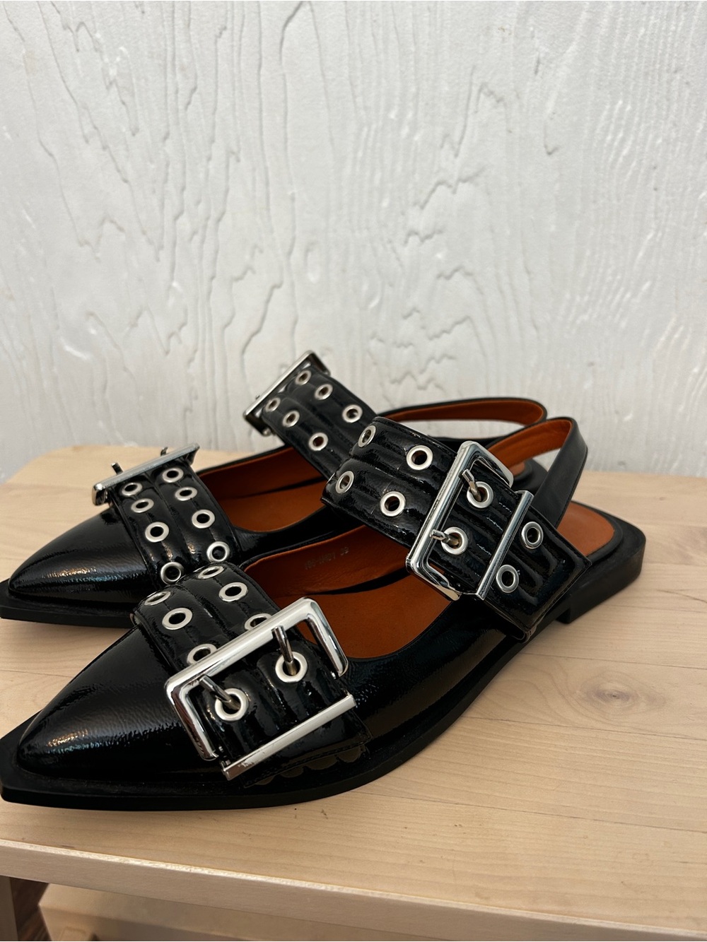 NWOT Black Patent Mary Jane Flats Statement Buckles Pointed Toe 39 French Biker